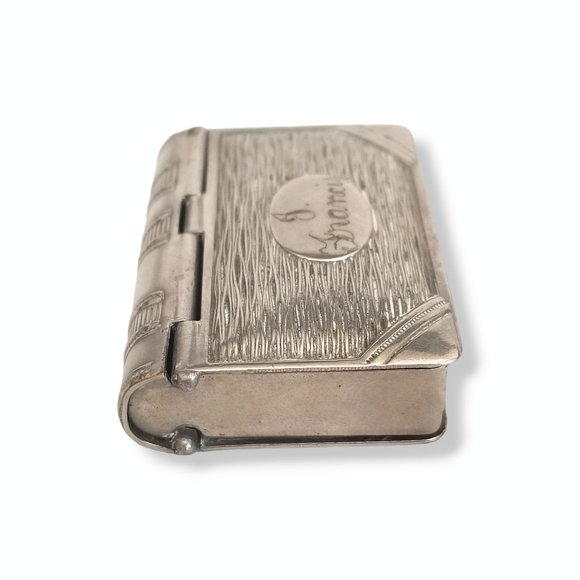 Antique 19th c. Silver Plated Book Vesta Case Pendant Engraved - Picture 6 of 13